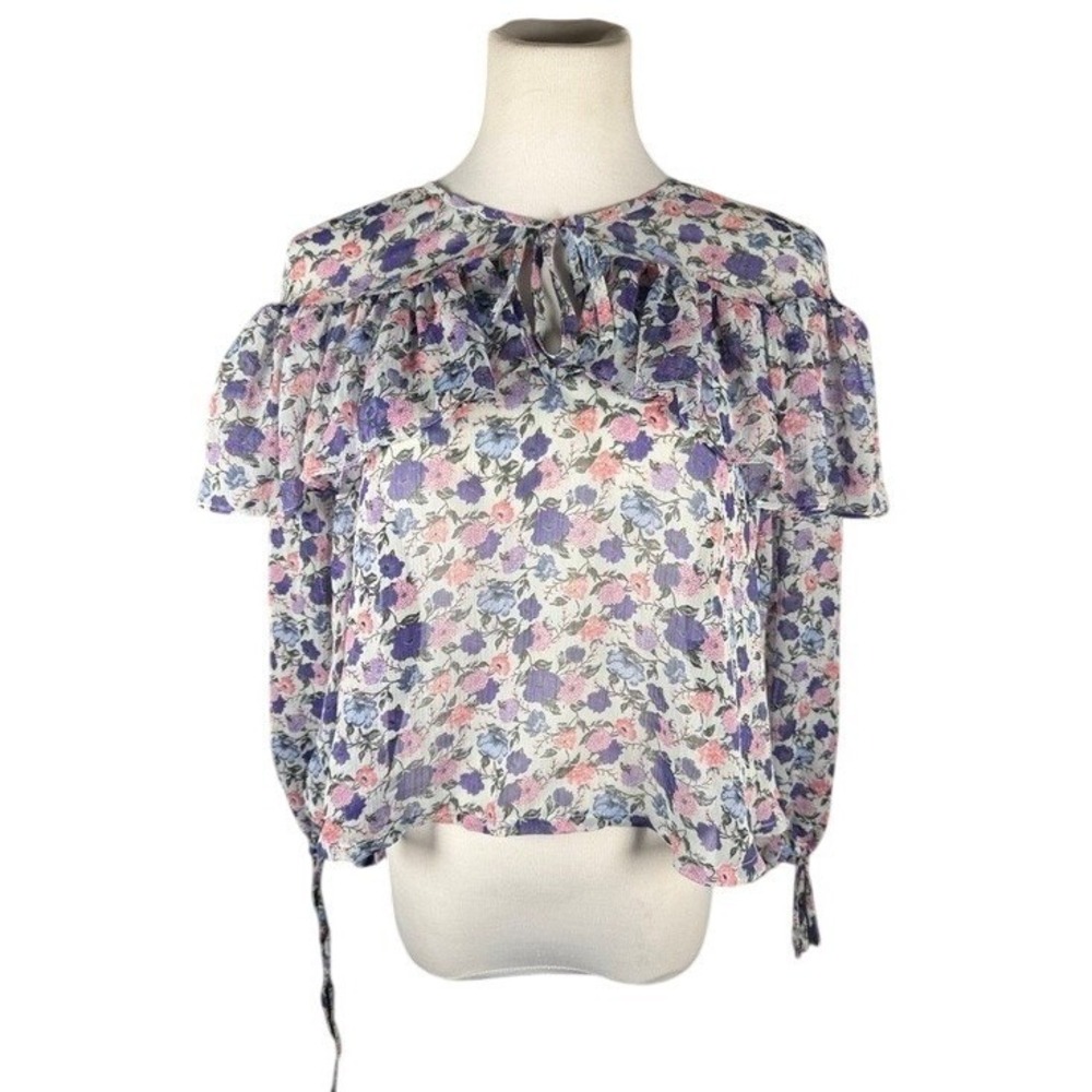 Forever 21 Womens Small Floral Ruffle Yoke Tie Neck Chiffon Blouse‎ Purple Pink